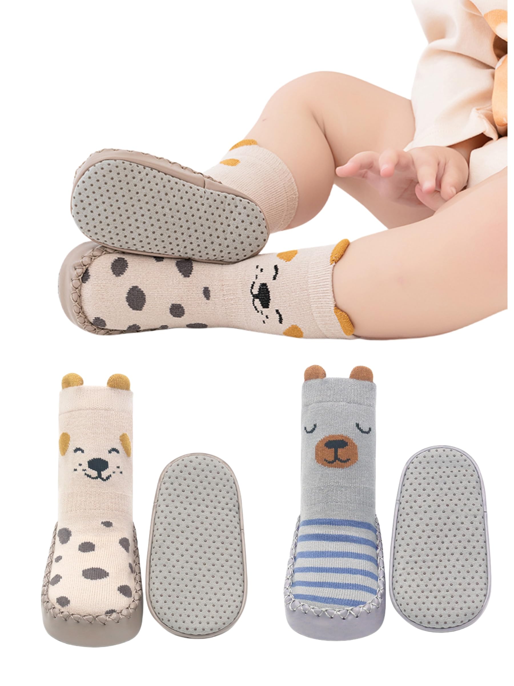 BEHELE Baby Toddler Non-skid Sock Shoes Non Slip Floor Slipper for Boys Girls First Walking 2 Pairs (US, Age, 12 Months, 18 Months, Style2)