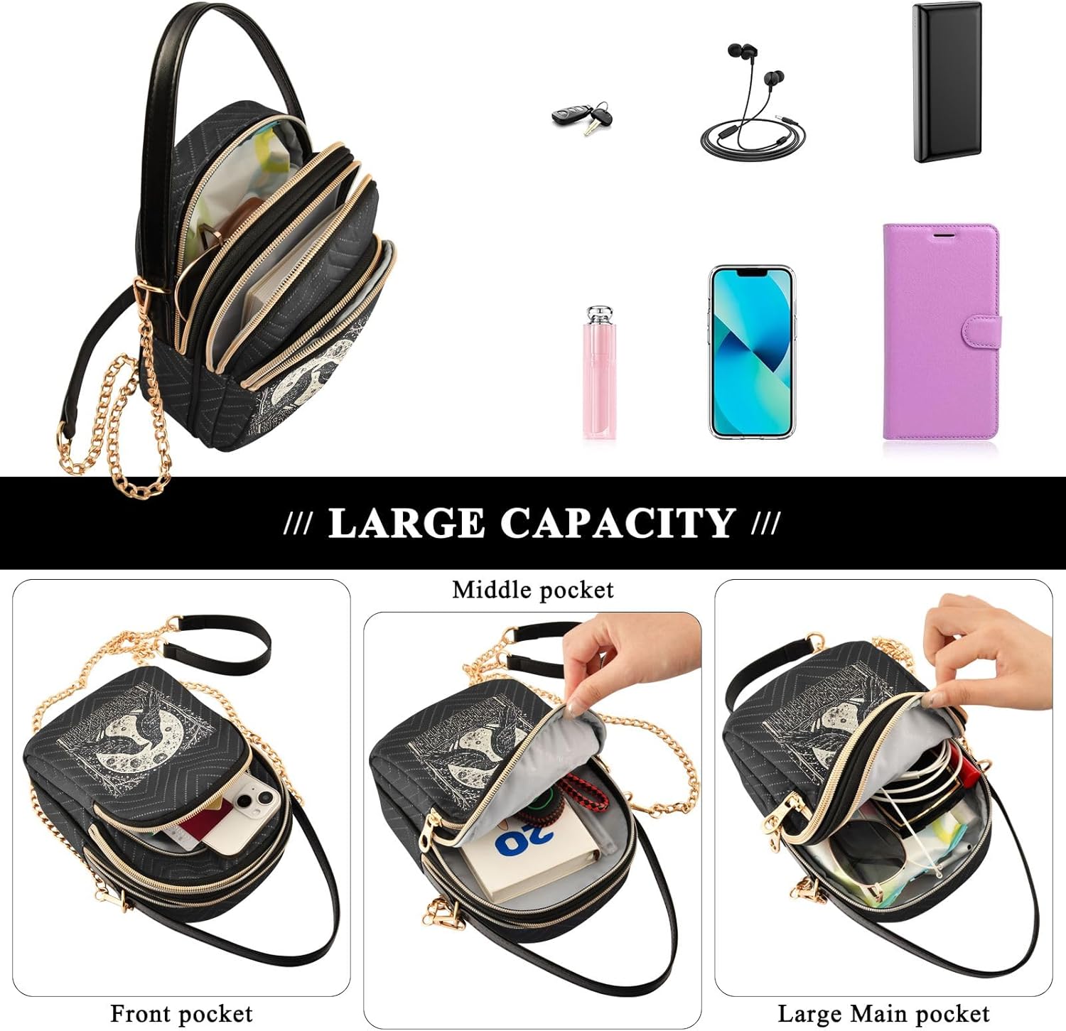 Crow with Moon Women's Crossbody Handbags with Zipper, Casual Leather Cell Phone Purse Crossbody Bags for Ladies