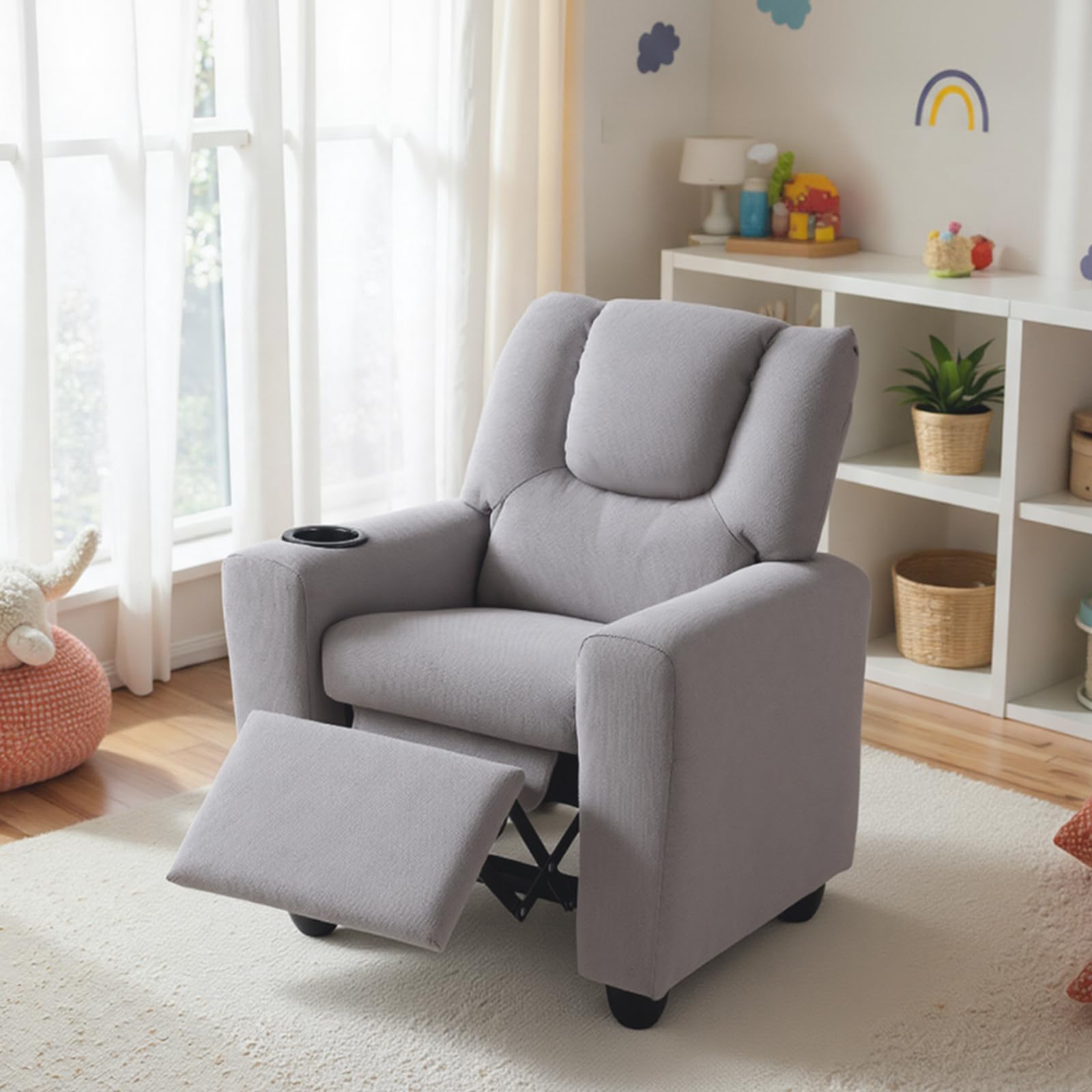 GOPLUS Fauteuil de Ralaxation Inclinable pour Enfant, Chaise de Détente Ergonomique avec Porte-gobelet, Dossier et Repose-Pieds Réglables, Surface en PU, Fauteuil Enfant 3+ Ans (Gris)