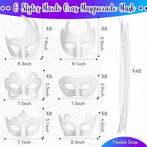 Miniatura 6 de Leyndo Paquete de 48 máscaras de papel maché para manualidades, máscaras en blanco para Halloween, máscara pintable de media cara, Mardi Gras,