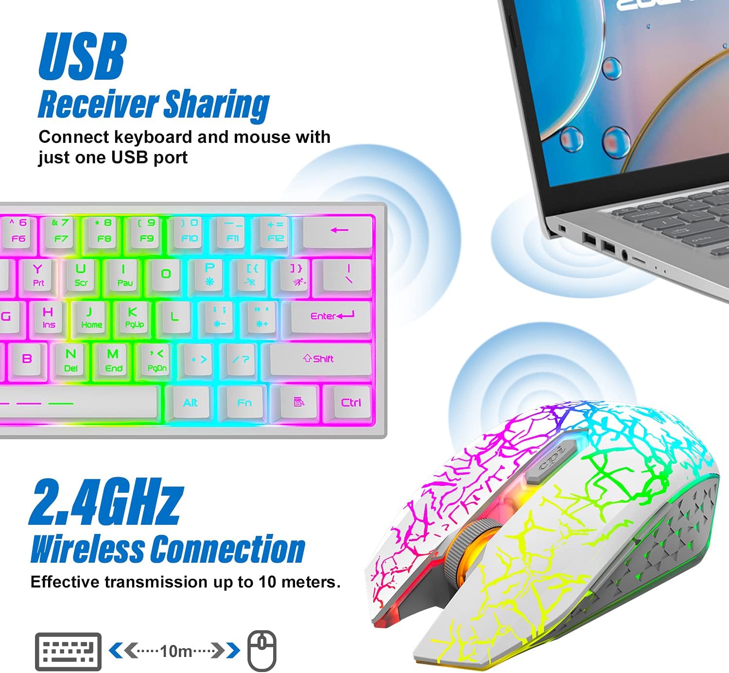 Wireless Gaming Keyboard and Mouse Combo,61 Key Rainbow Backlit Keyboard with Rechargeable 4000mAh,Mechanical Feel,Ergonomic,Quiet,Waterproof,RGB Mute Mice for PS4,Xbox One,Desktop,PC