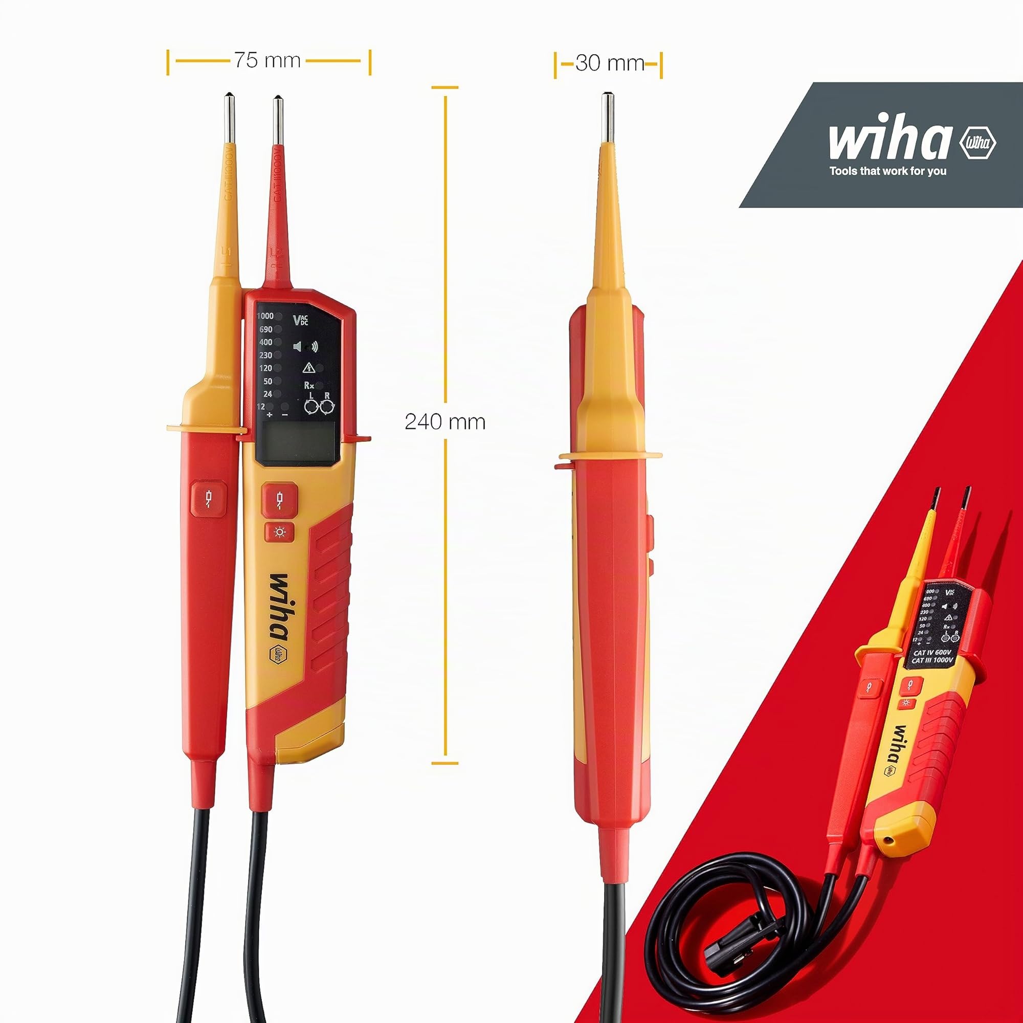 Wiha Tester di tensione e continuità 1.500 V, CAT IV con 2 batterie AAA, compatibile con fotovoltaici, LED/LCD (45217), rosso/giallo | (45217) Tester di tensione e continuità I CAT IV incl. 2 batterie AAA I display LED I tester di tensione bipolare