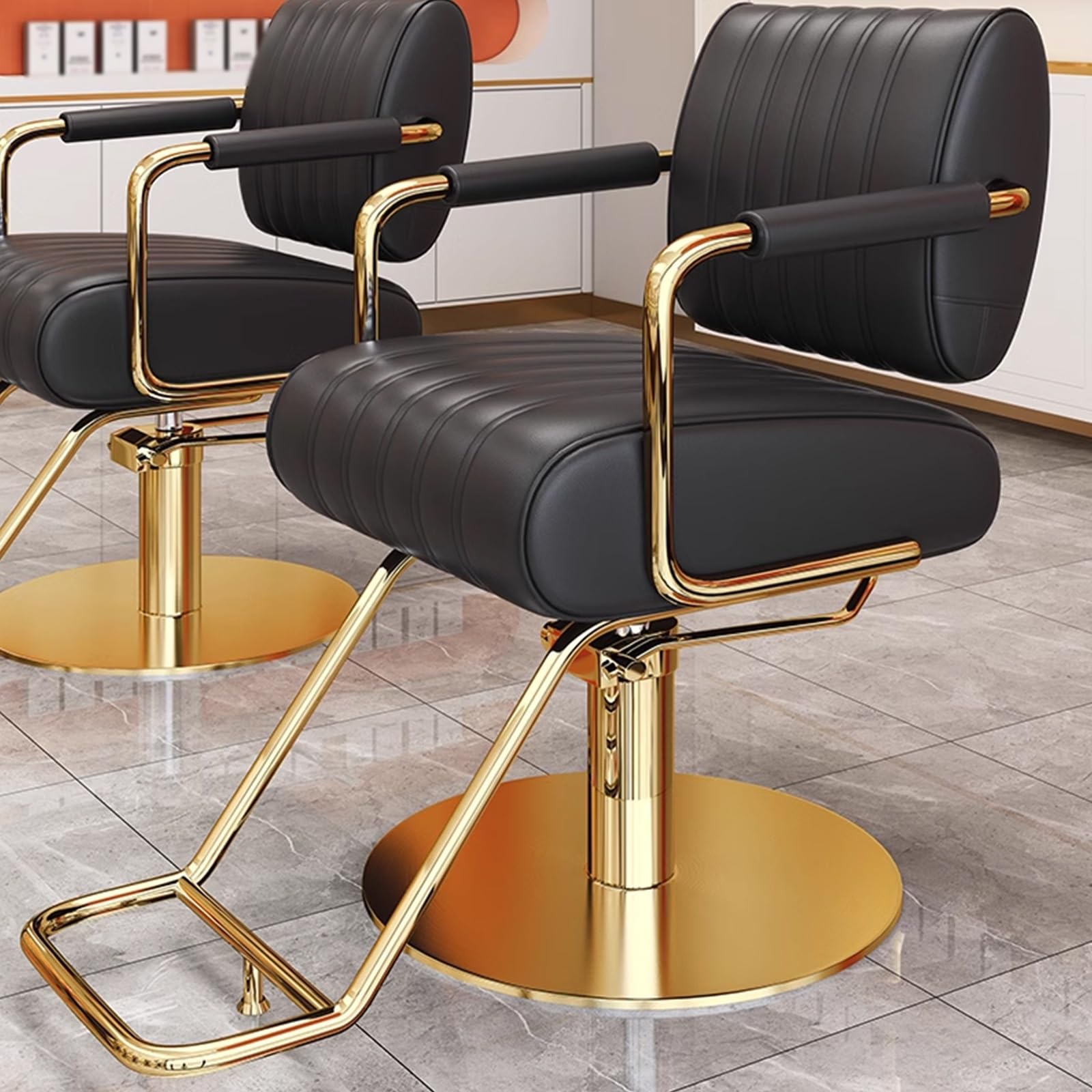 Friseurstühle, ergonomischer Salonstuhl für Friseure - 360° drehbar, höhenverstellbar, Friseurstuhl aus PU-Leder mit goldfarbenem Edelstahlfuß, 300 kg Tragkraft für Friseursalons und Spas (S