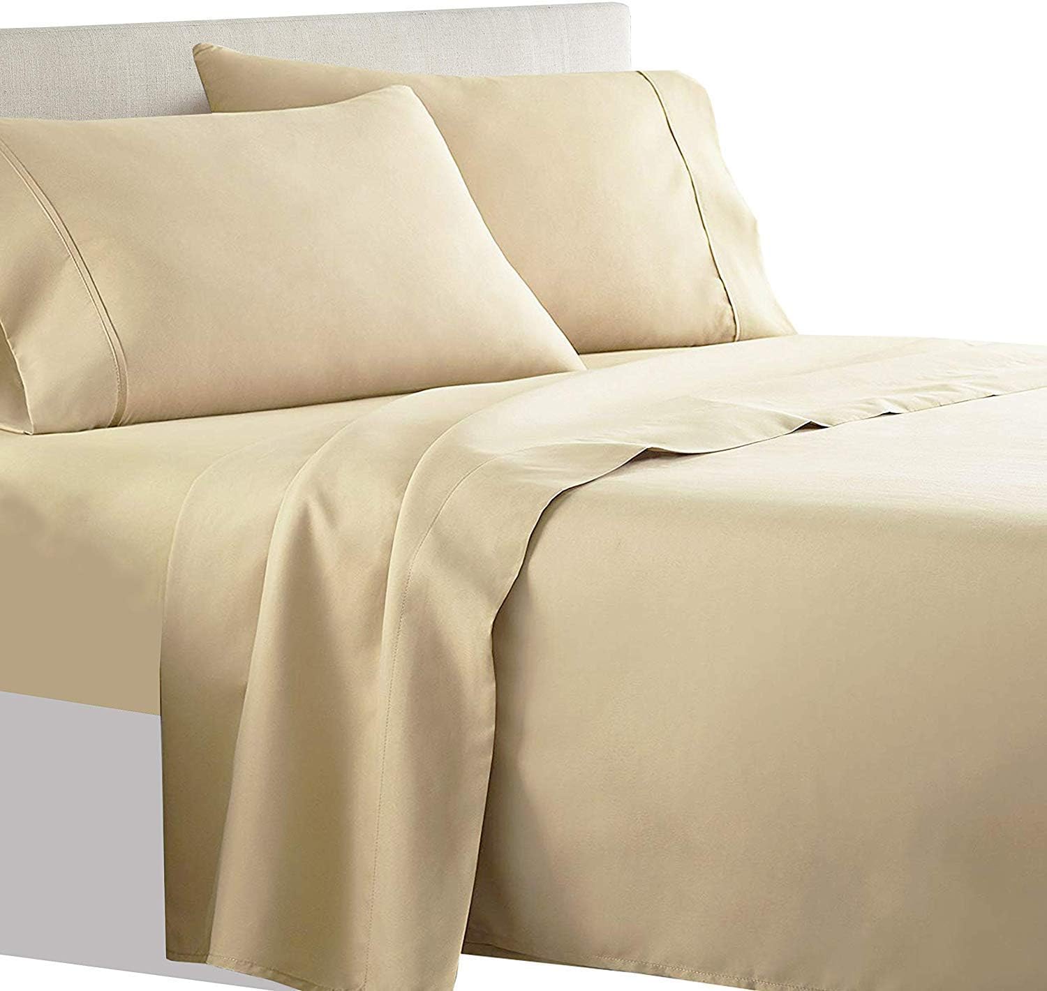 800 Thread Count-1Pcs Fitted Sheet Set 100% Cotton Bed Sheets Biege Cal-King Fitted Sheets Set, Long-Staple Cotton, Soft Sateen Weave Bedding Set, Fits Mattress Upto 22'' Deep Pocket