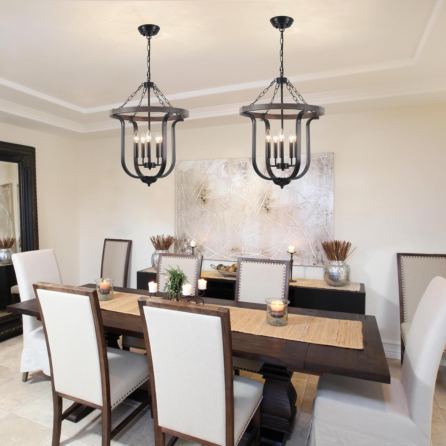 Farmhouse Chandeliers for Dining Room, 18.9” Black Kitchen Pendant Lighting Over Island Metal and Faux Wood Rustic Chandelier 5 Lights, Height Adjustable Foyer Lighting Fixtures