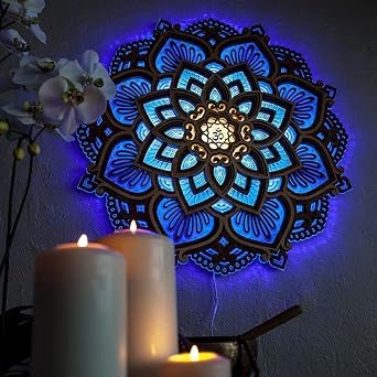 Night Light, 11.8inch Multilayered Cut Carved Mandala Panels Lamp, Wooden Mandala Hanging Light, Yoga Room Atmosphere Light, Wall Decor for Living Room Bedroom