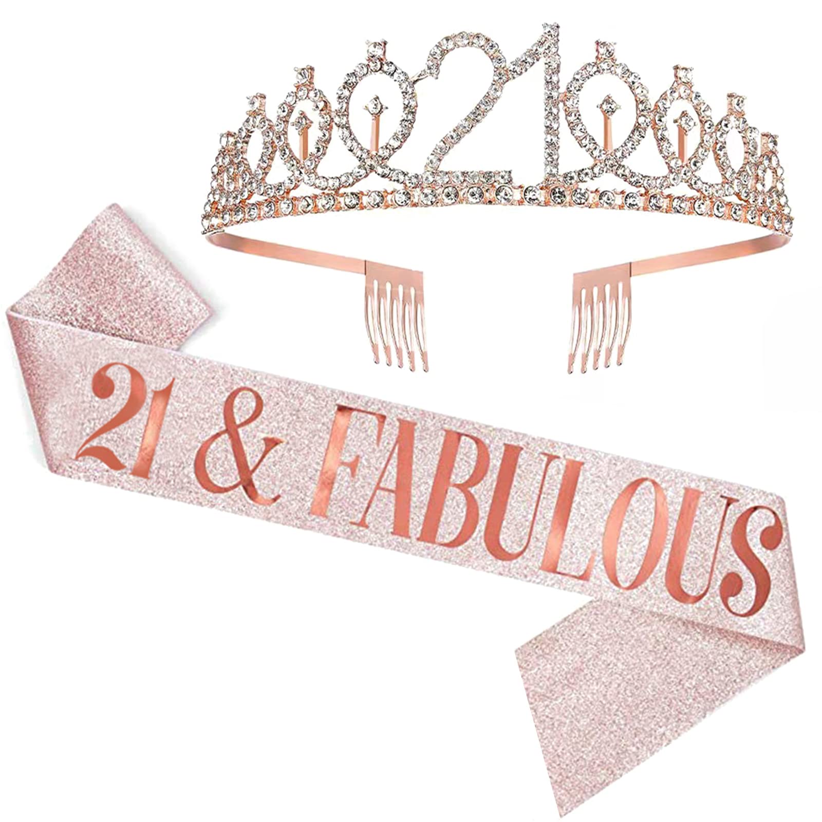UVATAHONA 21st Birthday Sash, Tiara and Crown Set - Fabulous Party Favors and Decorations for Girls