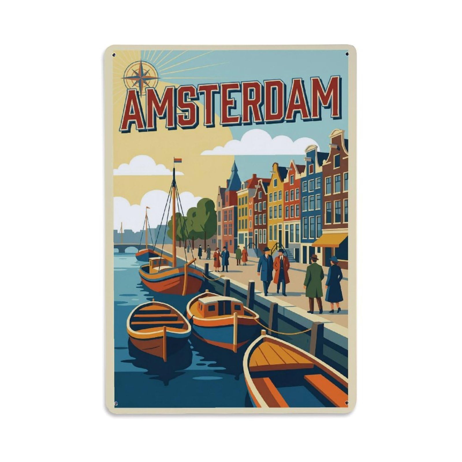 Okngb Style Amsterdam Waterside Landing Waterway Retro Tourism Metal Tin Sign Plaque Wall Decor For Cafe, Man Cave, Club Bar, Office, Home Garden Round Metal Poster 8X12inch