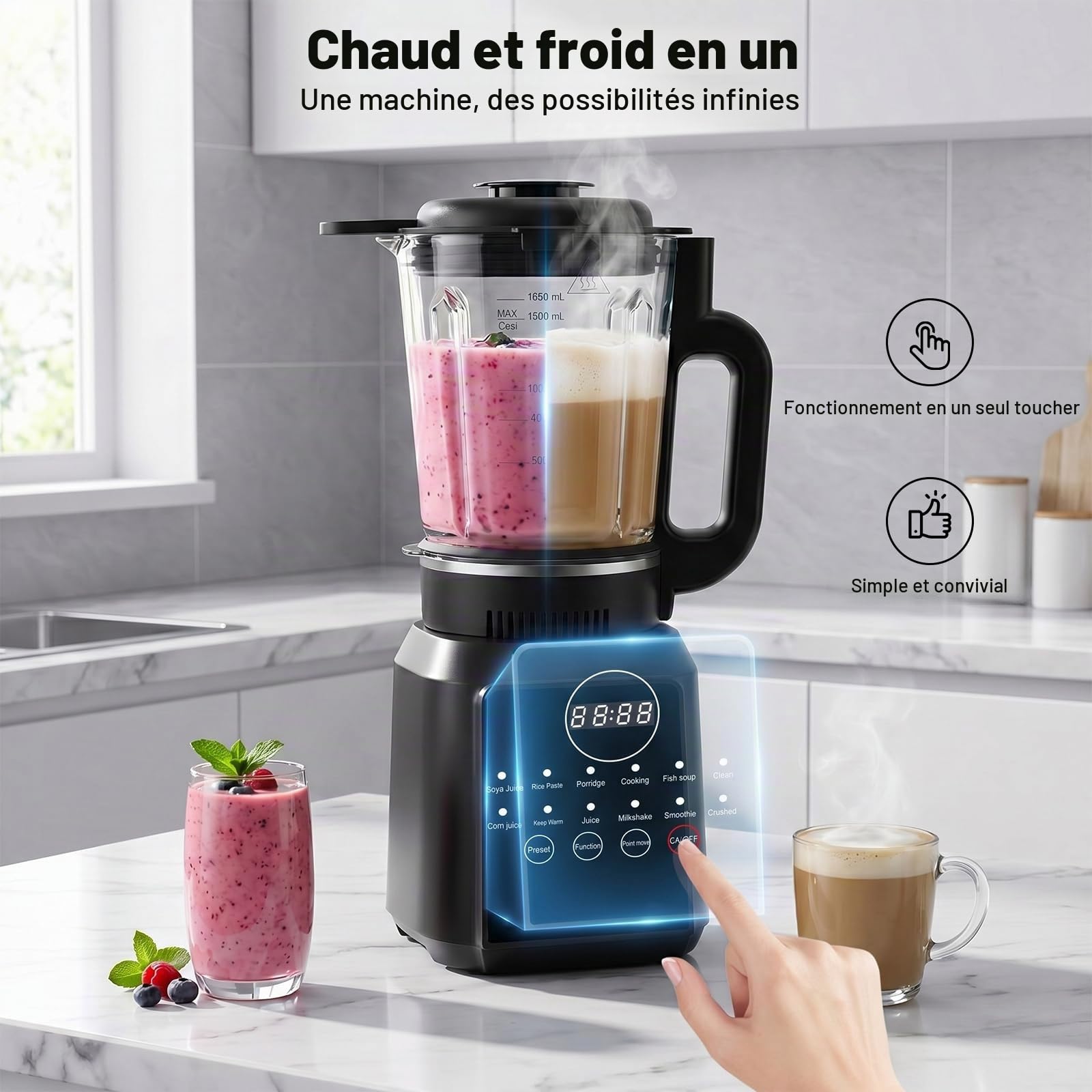 Blender chauffant 1,7L, Soup Maker 12 programmes, Bol en verre