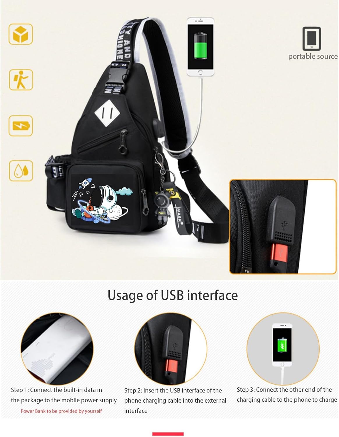 Crossbody Sling Backpack For Men Anime Fashion One-Shoulder Bag Cartoon Luminous Pattern Backpack (Black Guitar)