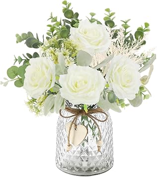 HOHOTIME Artificial Flowers with Vase, White Silk Roses Fake Flower Arrangement with Eucalyptus, Faux Plant Vase for Home Office Dining Table Centerpiece Coffee Table Decor Farmhouse Decoration