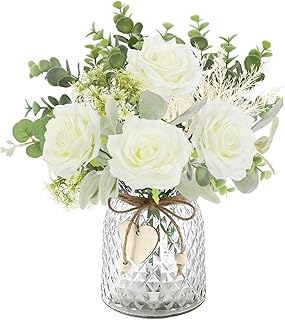 HOHOTIME Artificial Flowers with Vase, White Silk Roses Fake Flower Arrangement with Eucalyptus, Faux Plant Vase for Home Office Dining Table Centerpiece Coffee Table Decor Farmhouse Decoration