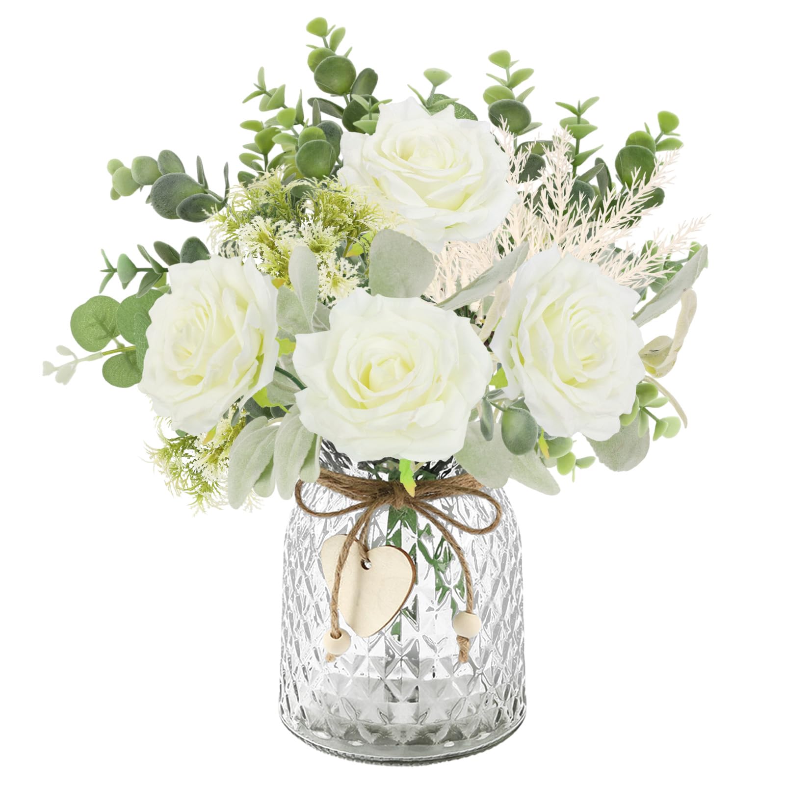 Fleurs artificielles avec vase HOHOTIME roses blanches et eucalyptus pour table
