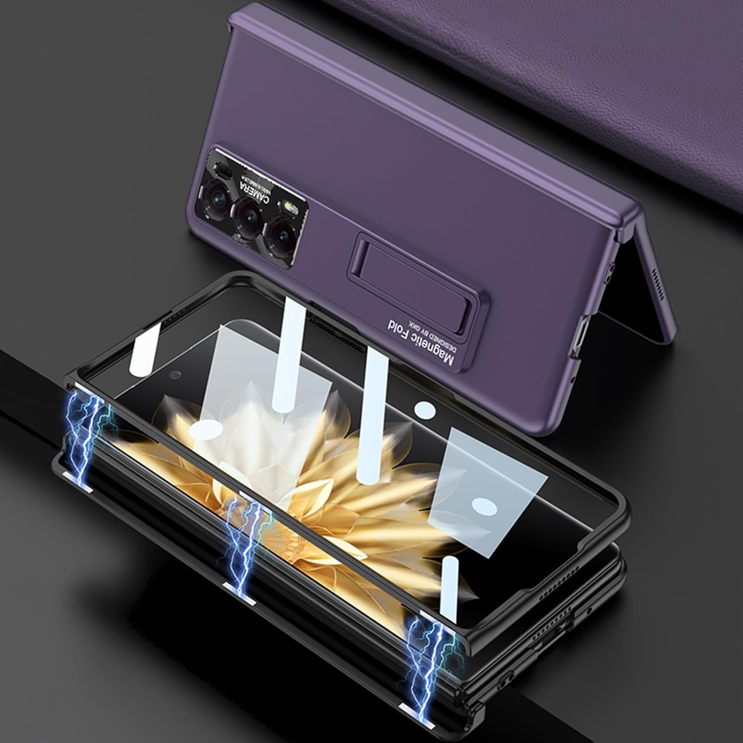 for Honor Magic V2 Magnetic Hinge Case with Built-in Screen Protector & Kickstand, Ultra Slim Design, Premium Plating Finish, 360° Protection Cover for Magic V2 (Purple)