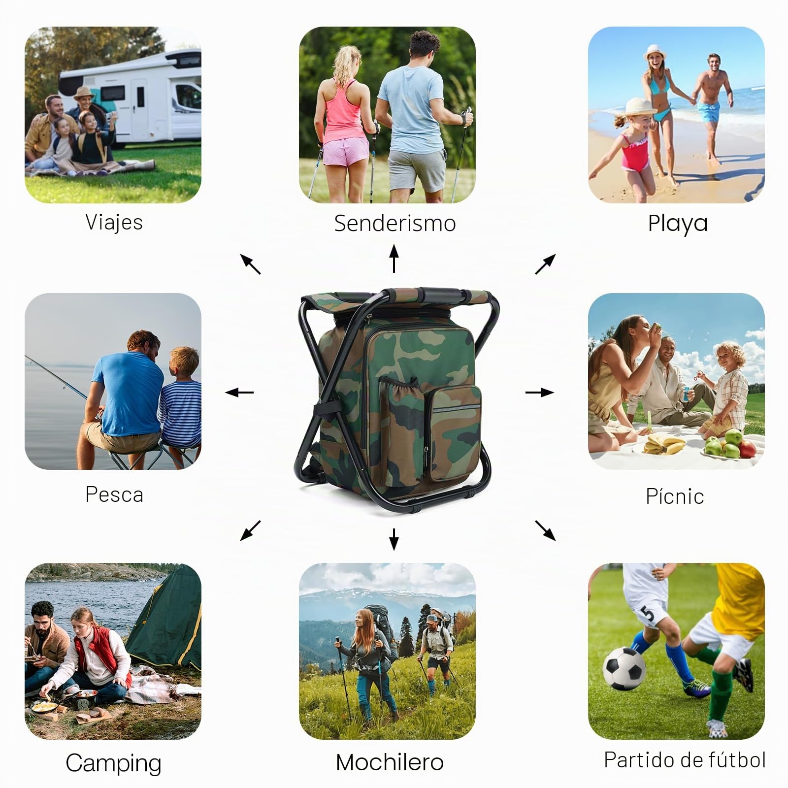 Taburete mochila nevera plegable y ligero, resistente hasta 159 kg para camping, silla de pesca portátil desmontable con mochila nevera, camuflaje