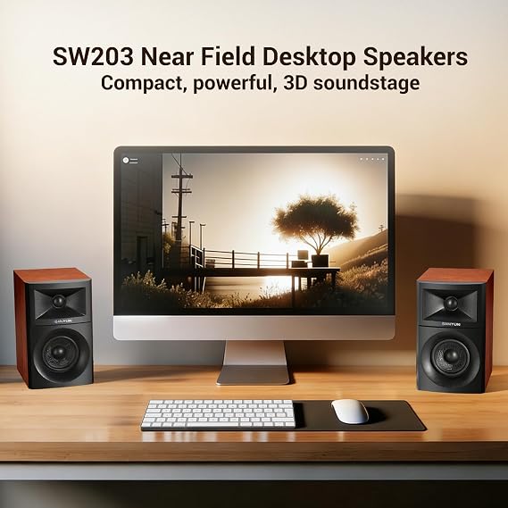 Sanyun SW203 2.0 Desktop Computer Speakers - Near-Field 3D Stereo with Vertical Imaging - 60W Triple-DSP Dual Independent Drive - 24bit USB-C DAC Bluetooth 5.4 AUX, HiFi PC Gaming (Pair, Cherry)
