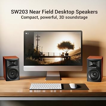 Sanyun SW203 2.0 Desktop Computer Speakers - Near-Field 3D Stereo with Vertical Imaging - 60W Triple-DSP Dual Independent Drive - 24bit USB-C DAC Bluetooth 5.4 AUX, HiFi PC Gaming (Pair, Cherry)