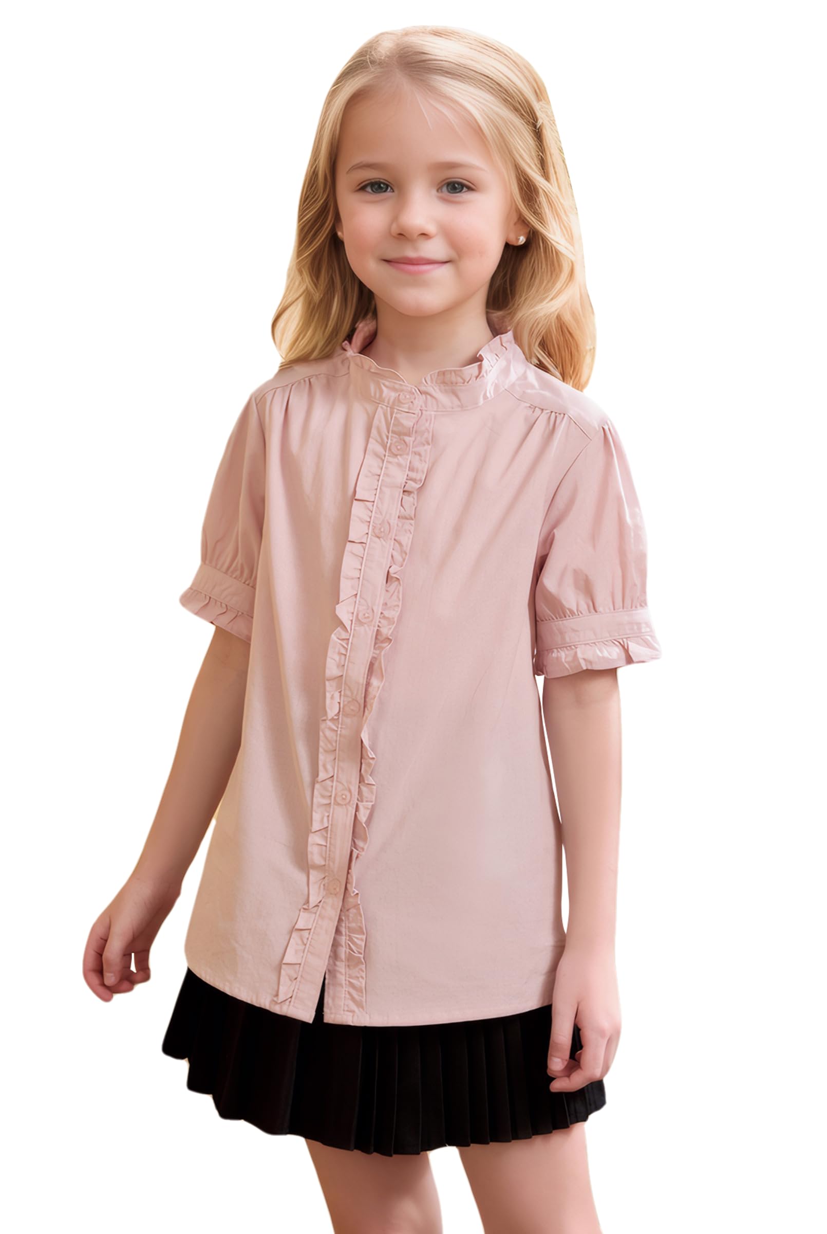 SOLOCOTE Blusa de Manga Corta de algodón con Botones para niña, con Volantes, Mangas de Campana, Vestido de Uniforme Escolar, Tops para el Verano