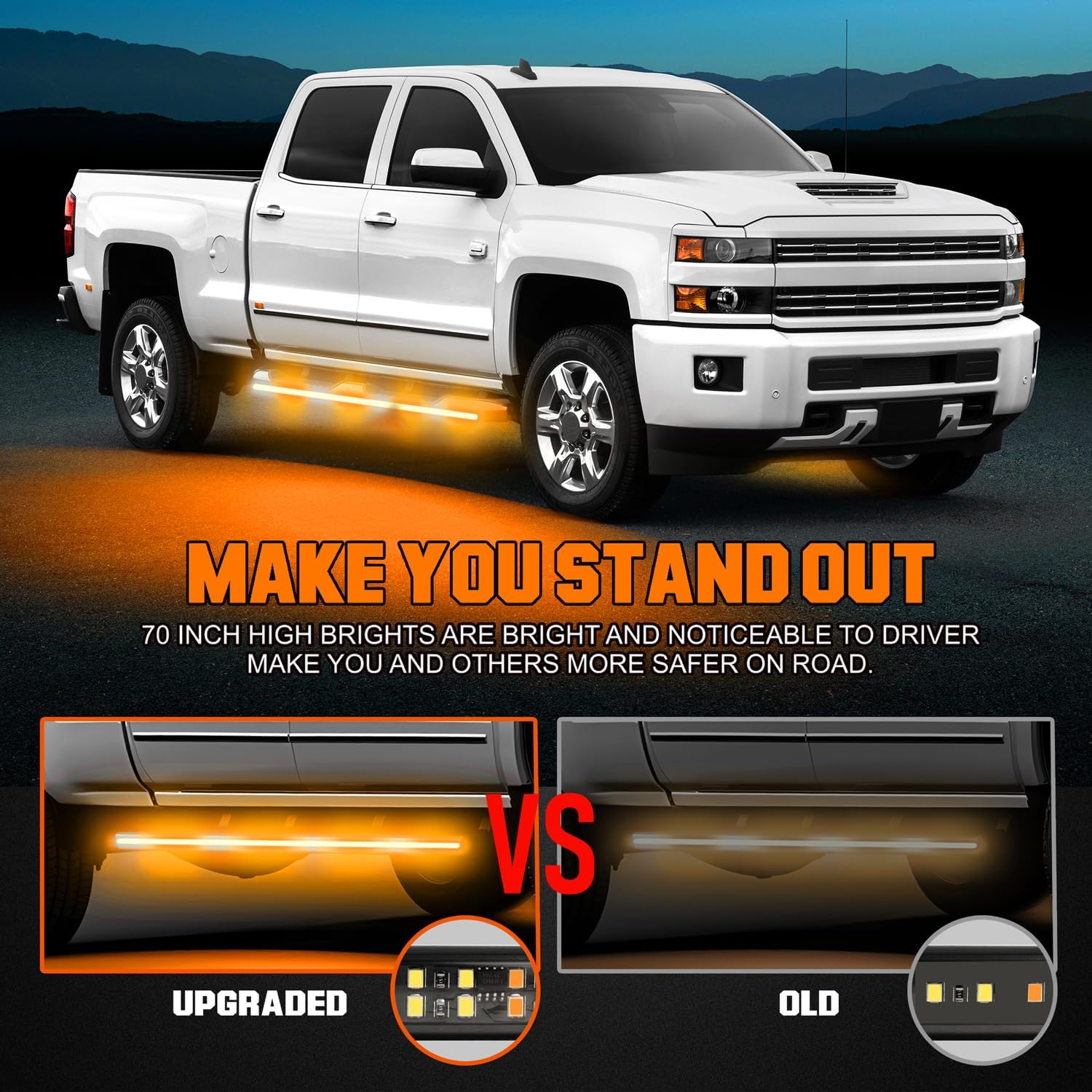 2PCS 70 inch Truck Emergency Strobe Lights Strip 864 LED Running Board Lights Bar Waterproof Flexible Flashing Warning Safety Light for Trucks Construction Vehicles Pickup SUV (Amber White)