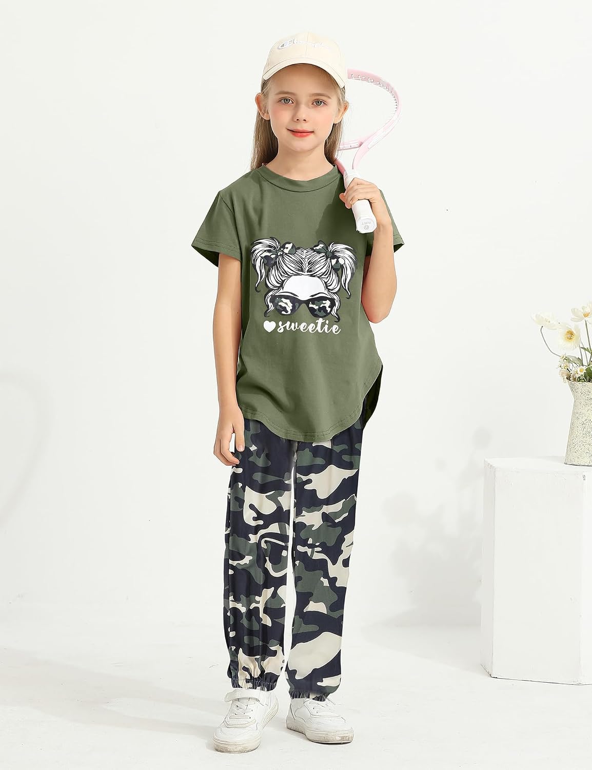 Girls Clothes Size 6-16 Sweetie-girl Short Sleeve Irregular Top and Camouflage Pants 2Pcs Summer Outfits
