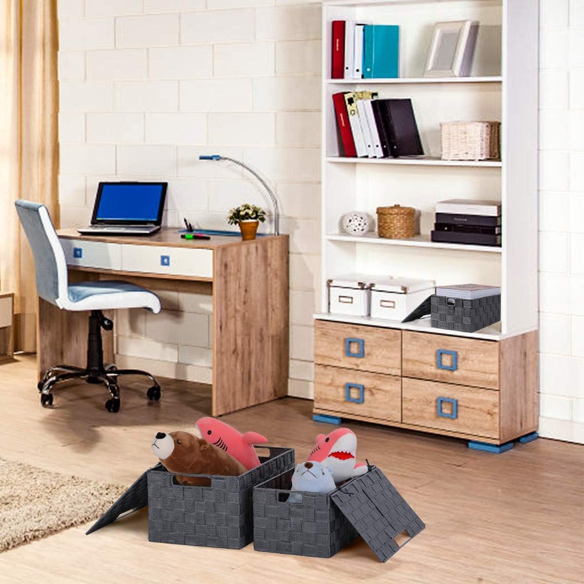 KEDSUM Woven Storage Baskets Boxes Bins, Black Storage Baskets with Lids, Woven Strap Storage Baskets Bins, Nylon Strorage Baskets Bin, Built-in Carry Handles (Grey Set of 4)
