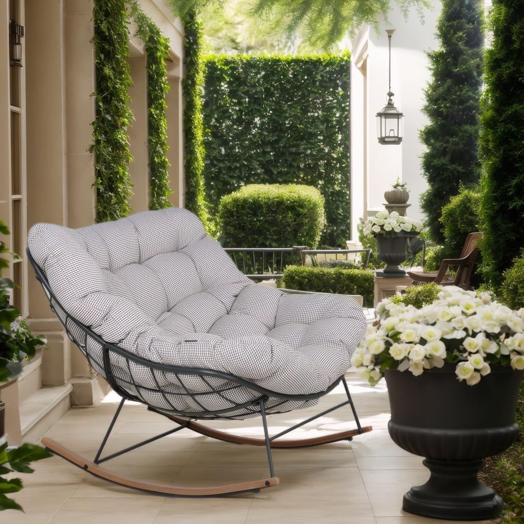 Grand patio Outdoor Rocking Chair with 2 Cushions, E-Coated Modern Cozy Lounge Rocker Chair with Cushion for Balcony Porch Patio, Gray & Houndstooth