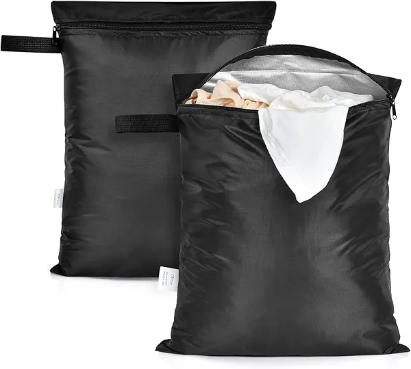 2 Pack Swimsuit & Towel Wet Dry Sack - 12 x 16 inch Waterproof Clothes Bag with Handle & Zippered Oxford Cloth - Black