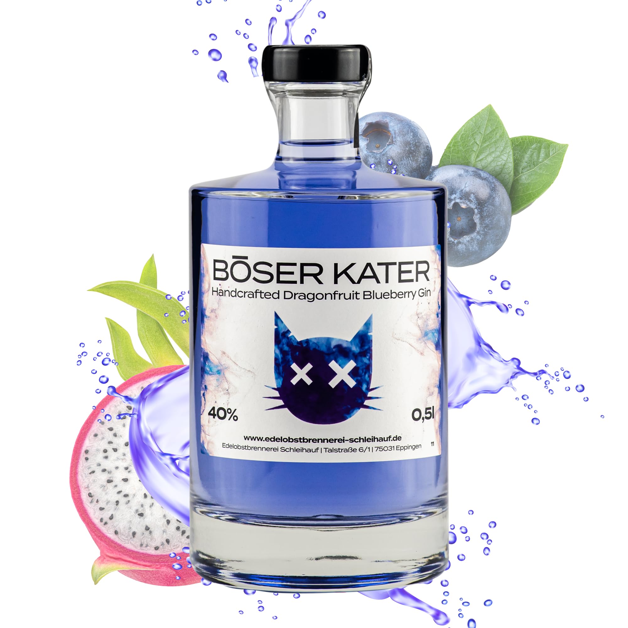 BÖSER KATER Dragonfruit Blueberry Gin | Fruchtiger Geschmack | Für spannende Gin Tonic Cocktails | Die perfekte Geschenkidee | Handgemacht mit kleiner Auflage | 0,5l 40% Vol