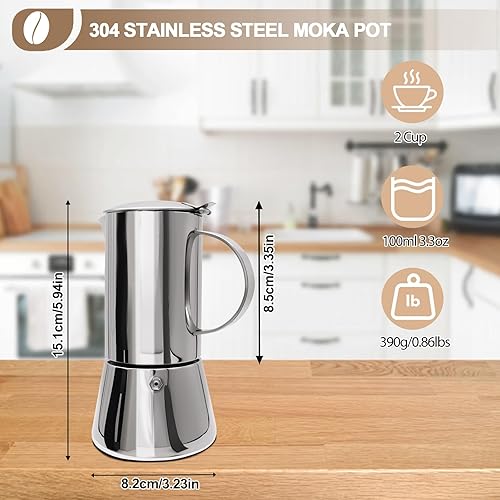 Miniatura 2 de Cafetera Moka Pot 304 sin recubrimiento de acero inoxidable grueso para estufa, cafetera de café expreso, estilo clásico italiano, Greca, Café,