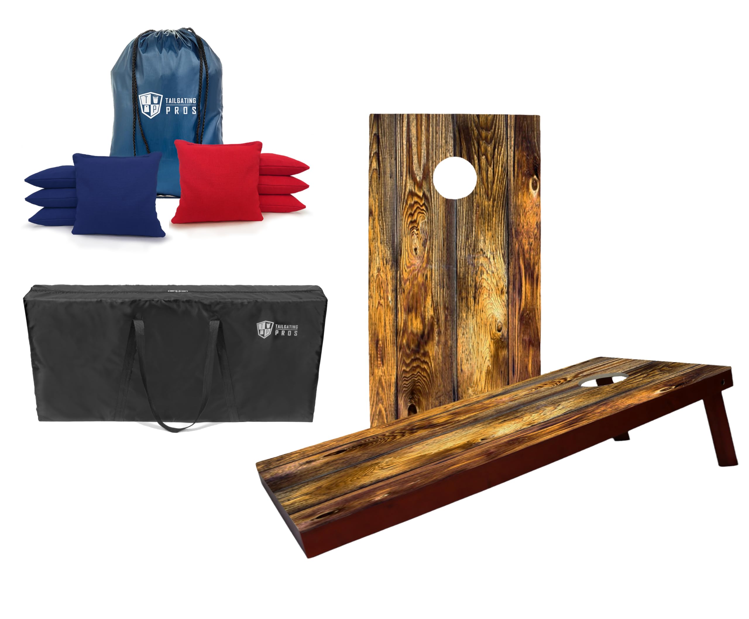 Tailgating Pros Lightweight Cornhole Game - 4'x2' Rich Woodgrain Stained Boards- Carrying Case & Set of 8 Corn Filled Bags w/Tote