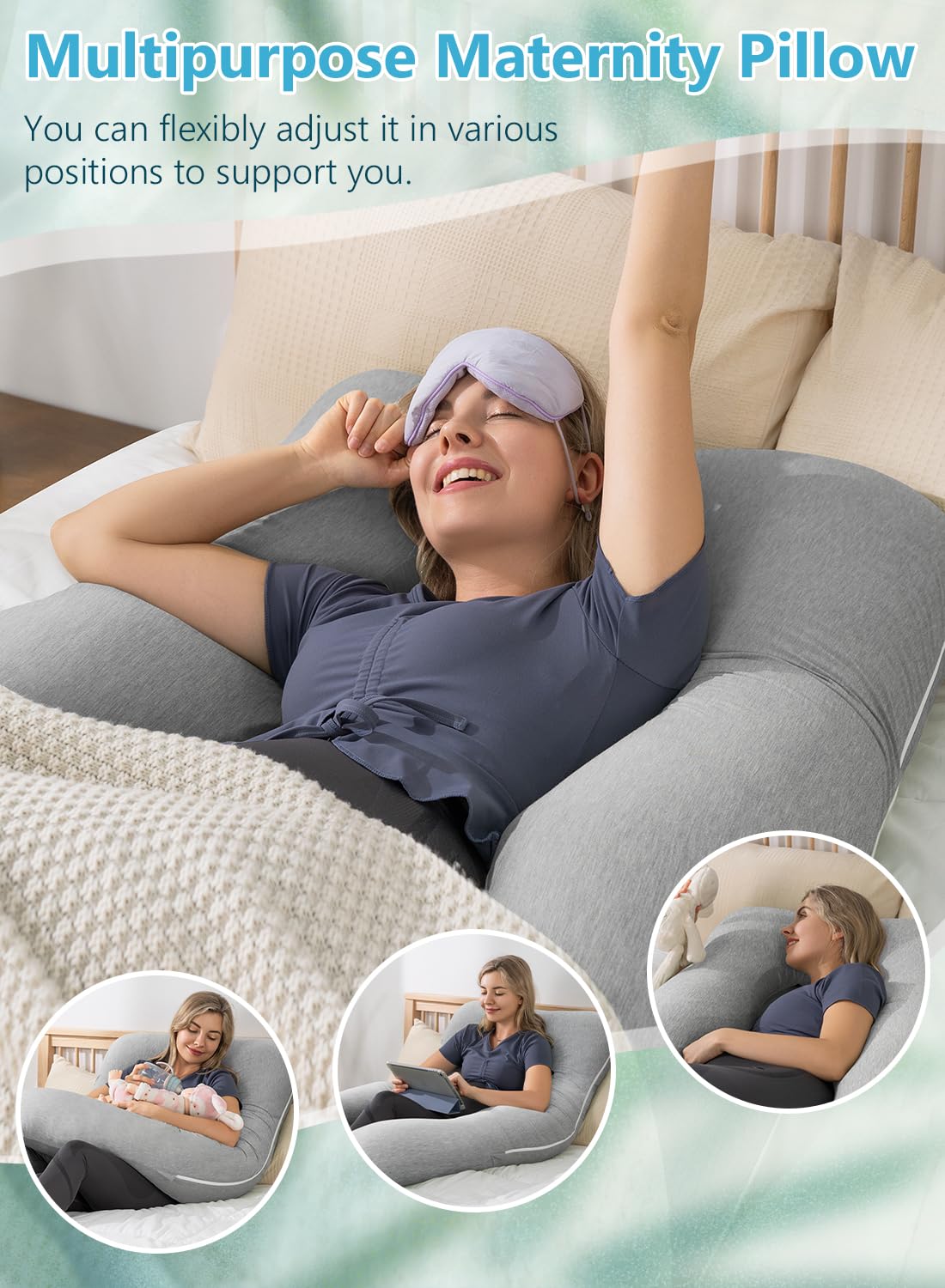 Almohada De Embarazo En Forma De U Meiz - 55 Pulgadas, Fresca, Ajustable, Para Dormir Cómoda Durante El Embarazo
