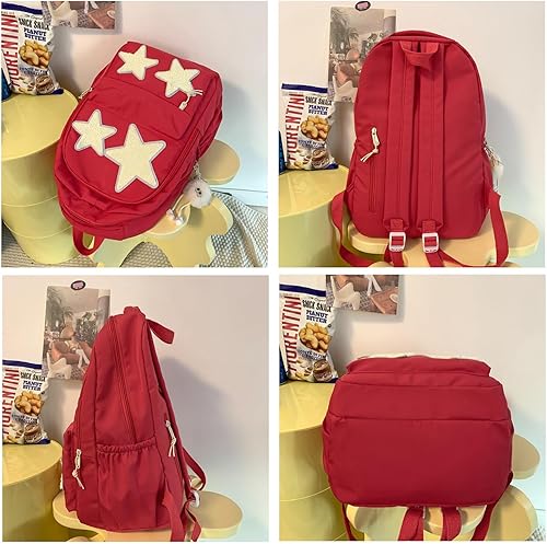 Vista 4 de Y2K - Mochila escolar con bonitos accesorios para niños, con diseño de estrellas y peluches, mochila para libros de 10 a 12 días, Rojo -, Mediana
