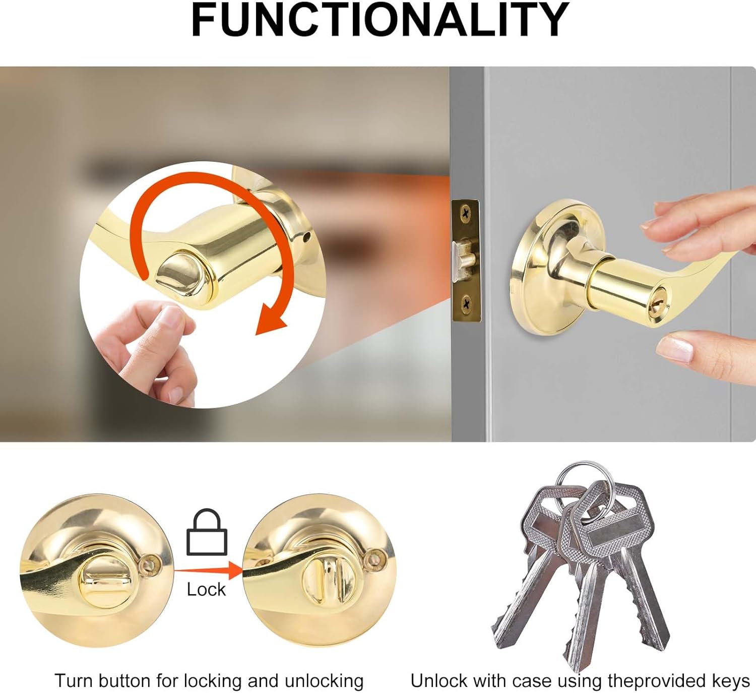 High-Security Stainless Steel Door Handle with Lock and Key, Door Lever for Bedroom, Bathroom and Rooms(Gold)