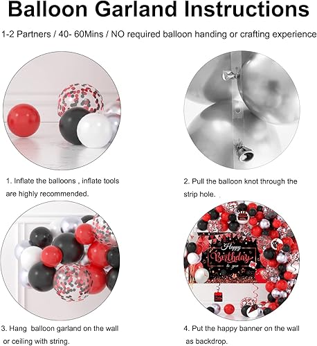 Miniatura 3 de Kit de guirnalda de arco de globos rojos y negros de cumpleaños, globos rojos, negros, blancos, plateados, con telón de fondo de pancarta de feliz