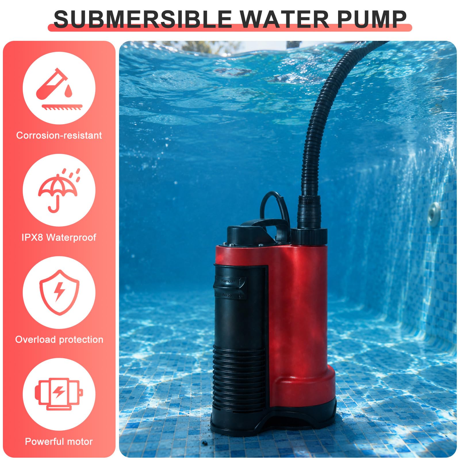 CPROSP 400W Pompe d’évacuation Submersible 7500L/H, pour Eaux Claires/Usées