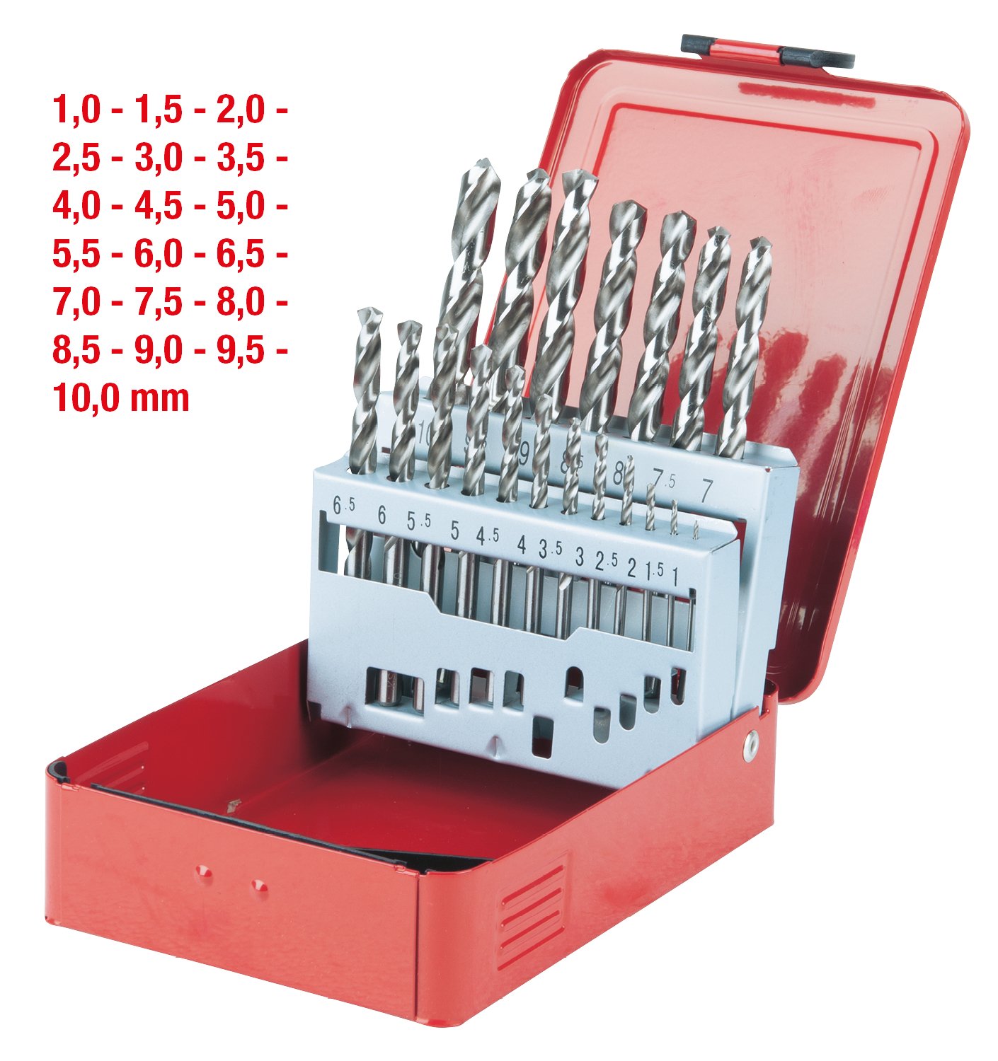 KS Tools 330.2610 Juego de brocas helicoidales HSS-G en casete de chapa de acero, 19 pzs 1-10 mm