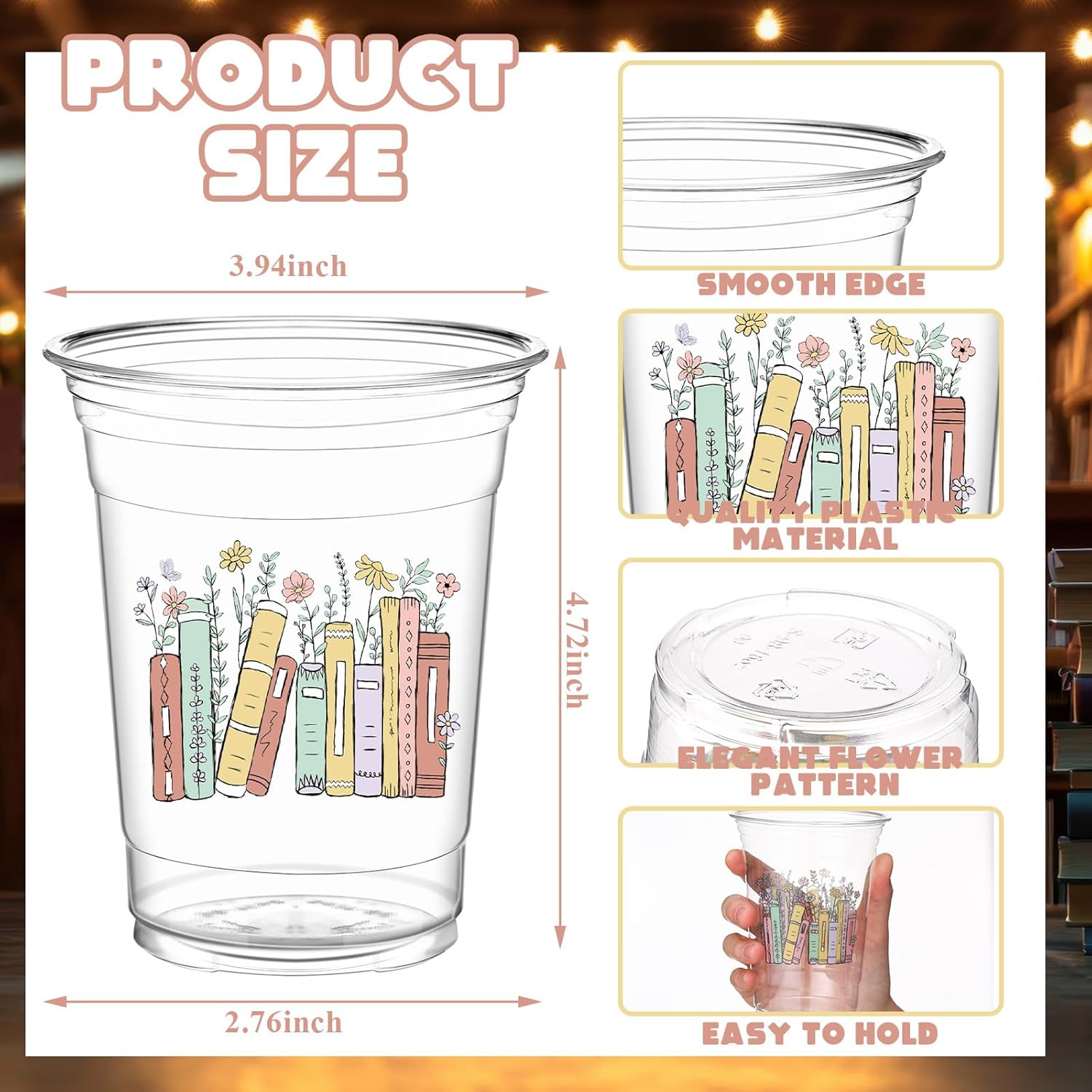 Qinyoung 50 Pcs 16 oz Book Theme Party Cups Book Club Birthday Party Supplies Library Reading Themed Cups for Reading Tableware Supplies
