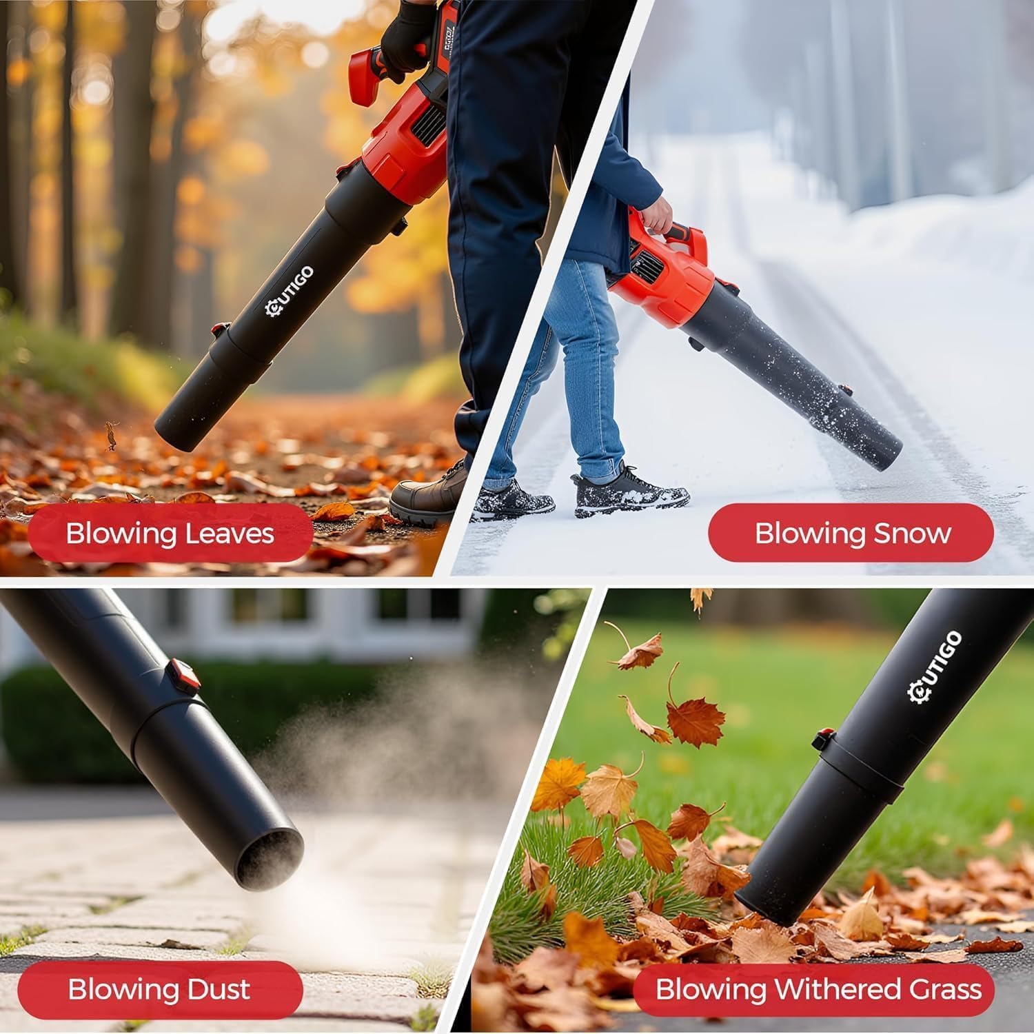 Soffiatore Per Foglie Da Giardino A Batteria, Aspiratore-trituratore Da 21v | con 2 batterie da 4000 mAh, 3 velocità, portata d'aria di 12 m³/min, 21.000 giri/min e 2 tipi di bocchette; per patii(red)