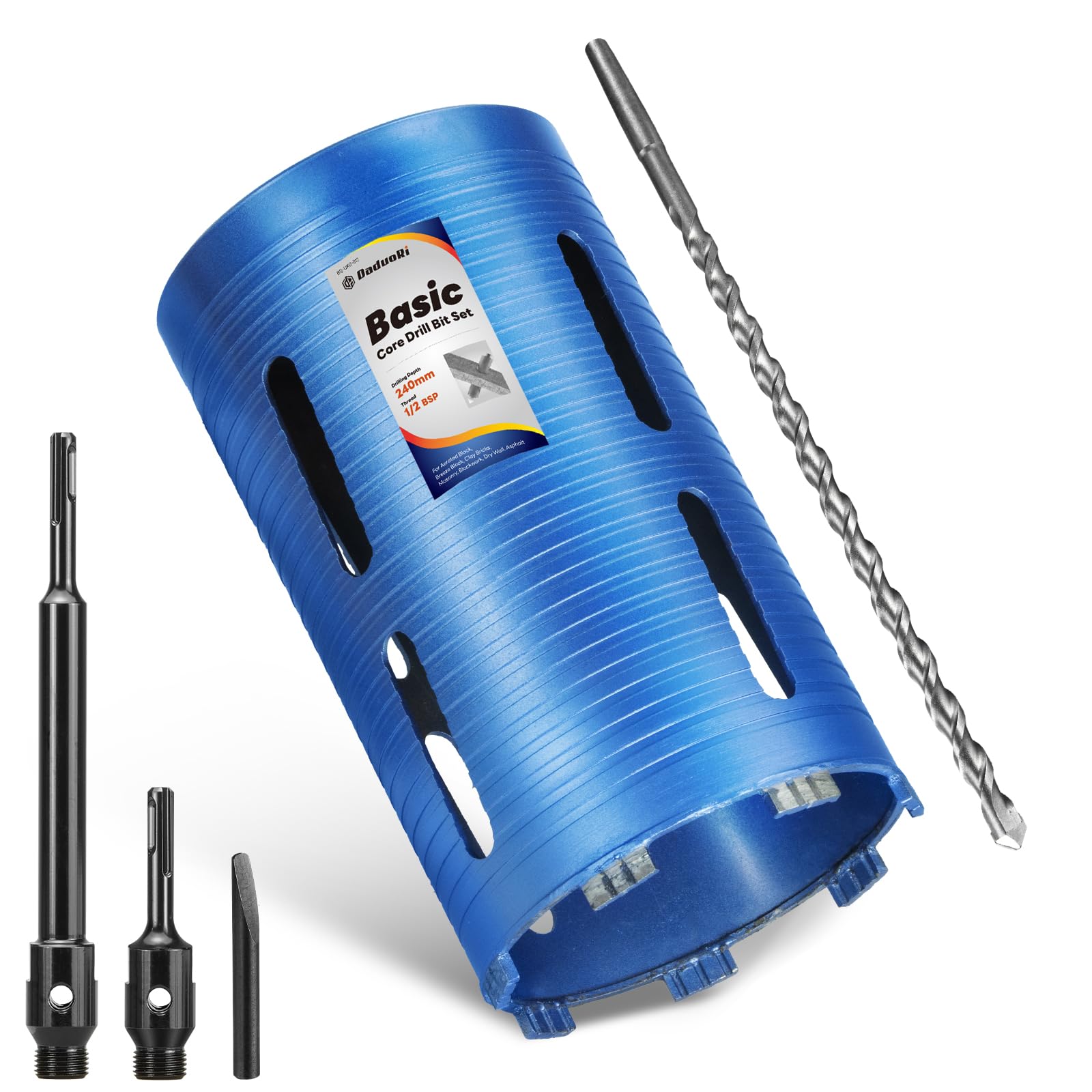 Set di punte per trapano a nucleo lungo, 140 mm x 240 mm, con adattatore SDS Plus da 240 mm e 110 mm e punta pilota centrale, set di punte diamantate per mattoni in muratura, filettatura BSP 1