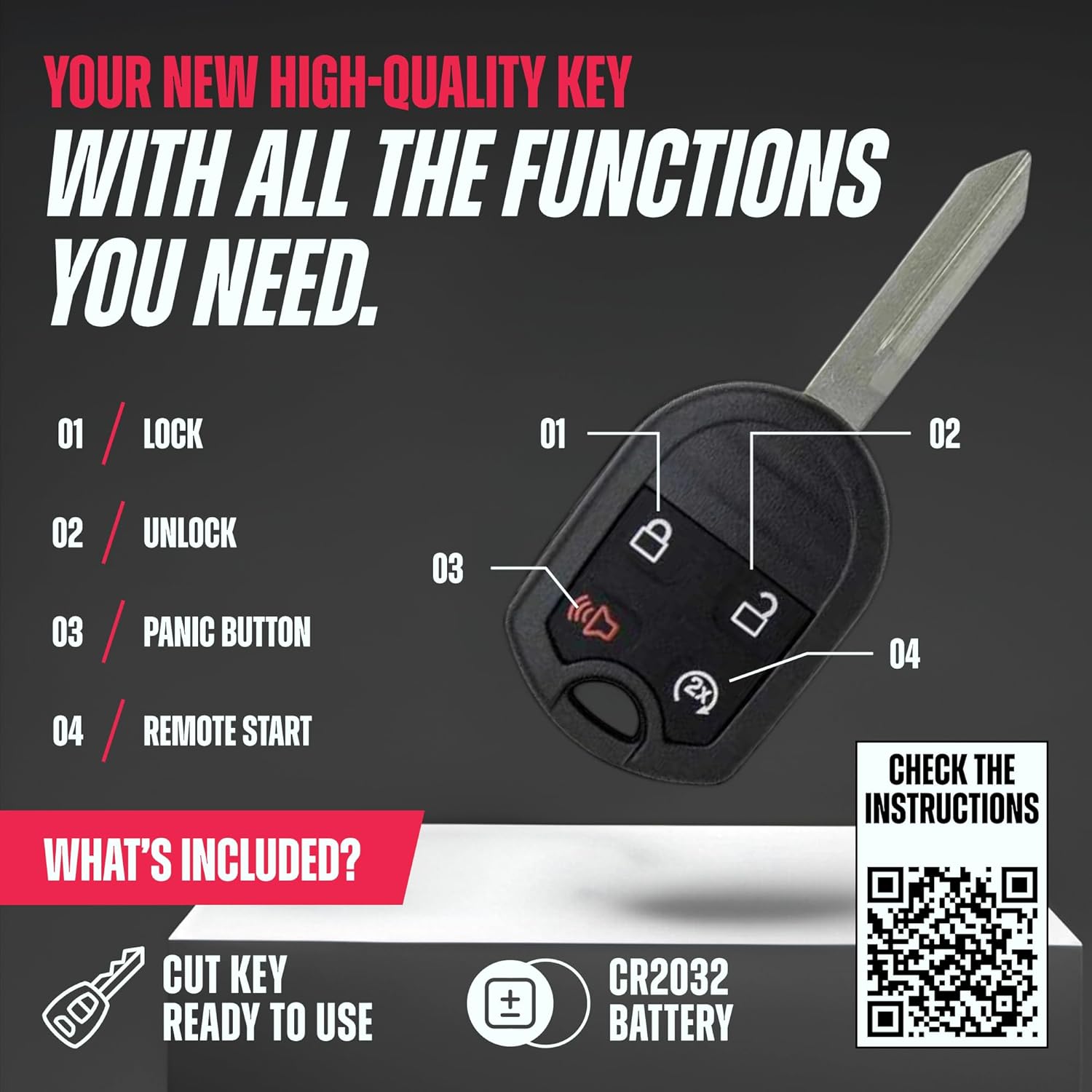 Cut Remote Key Fob Replacement Fits with Ford F-150 F250 F350 F150 Explorer Edge Expedition, Escape 2005 2006 2007 2008 2009 2010 2011 2012 2013 2014 2015 Car Keys Remote (4 Buttons Remote Start)