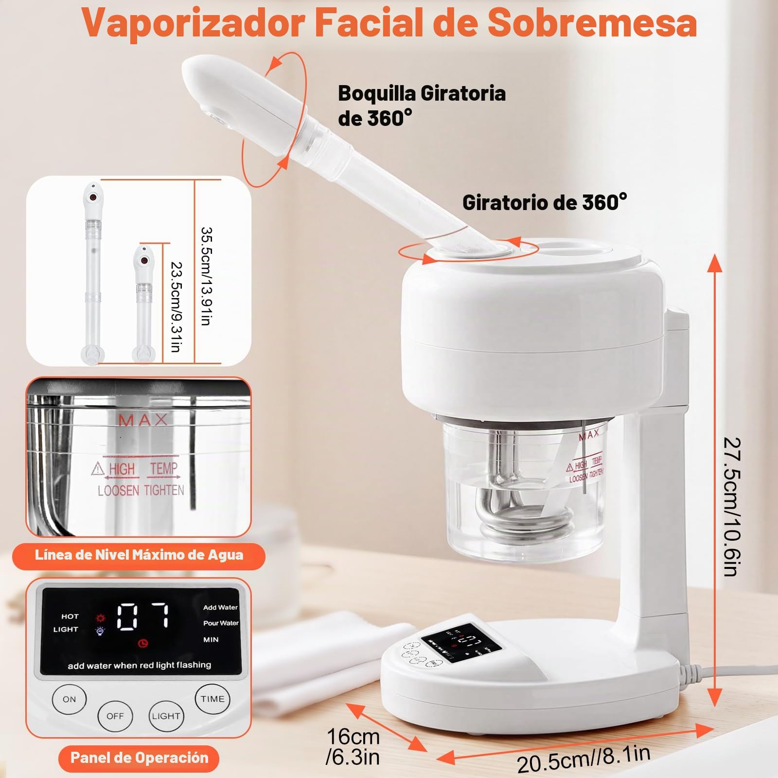 Vaporizador facial portátil, ozono y niebla caliente, humidificador de mesa para spa facial, cuidado de la piel en casa, salón de belleza profesional con boquilla giratoria de 360°