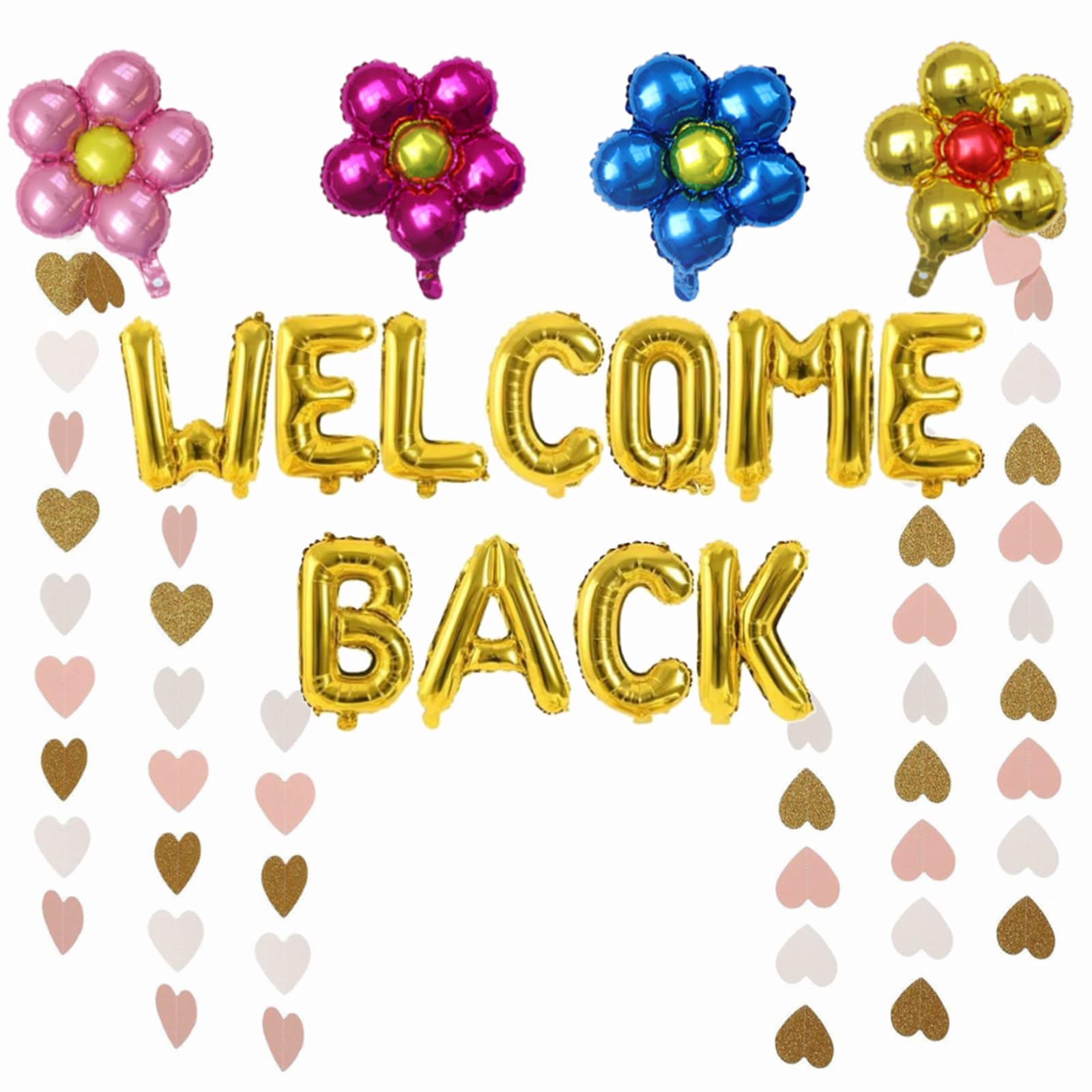 1Set Gold Welcome Back Balloons Welcome Back Banner for Back to School Party Supplies with Flower Balloons love Banners First Day of School Classroom, Wedding, House, Home Decor Decorations