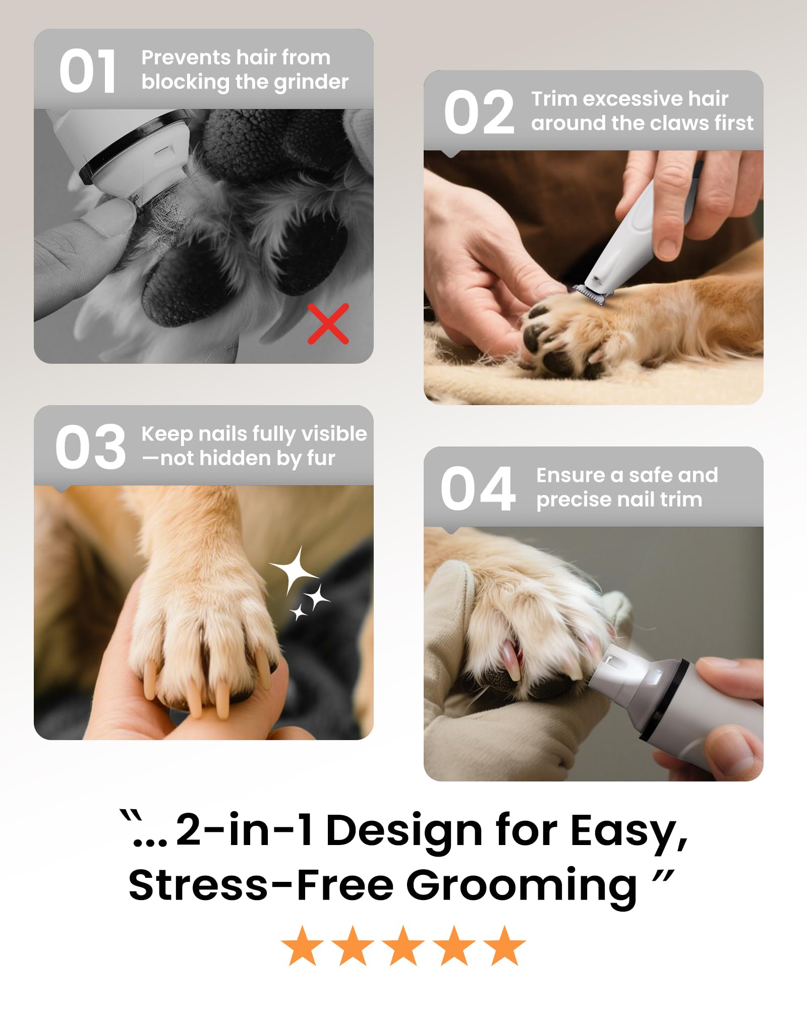 PAPMINI Molinillo de uñas 2 en 1 para perro, silencioso y recortador de patas de perro, potente cortaúñas eléctrico sin dolor para perros grandes, medianos y pequeños, cortadora de pelo de perro