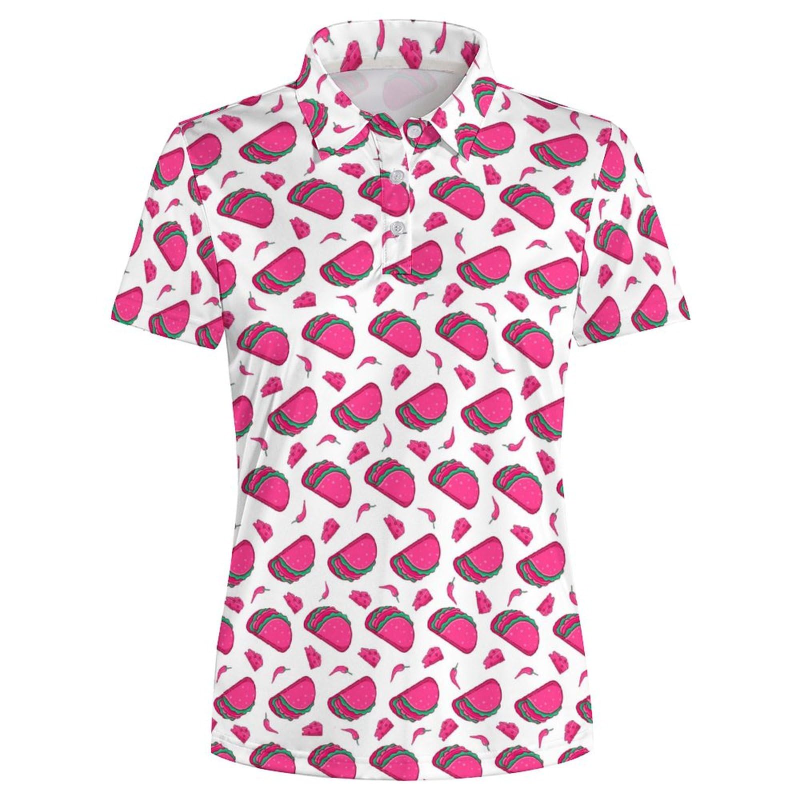 Women's Pink Color Taco Short Sleeve Golf Shirt Moisture Wicking Athletic Golf Polo Shirts Tennis Shirts Dry Fit L