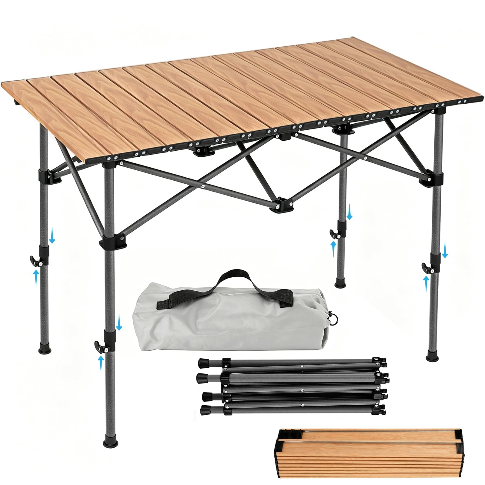 Tavolo da Campeggio Pieghevole 95 x 55 cm,Tavolino Portatile Pieghevole Altezza Regolabile 50-80 cm,Piano Arrotolabile,Peso Massimo 60 kg da Giardino Picnic Barbecue Pesca,e Outdoor