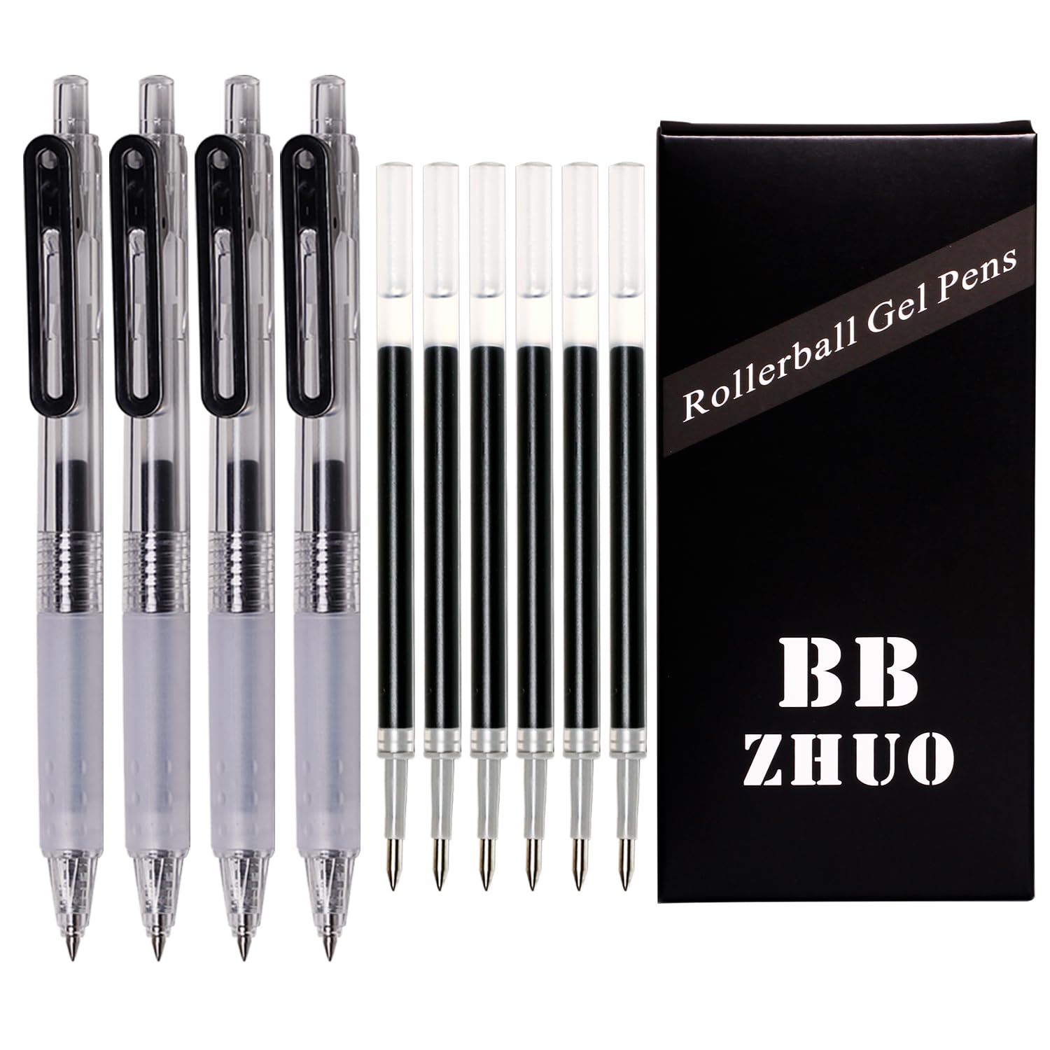 BBZHUO Gel Pens & Pen Refills,Ultra Fine Point 0.38mm,4 Pack Fine Smooth Writing Retractable Pens with 6 Extra Refills,Black Ink No Bleed No Smear,