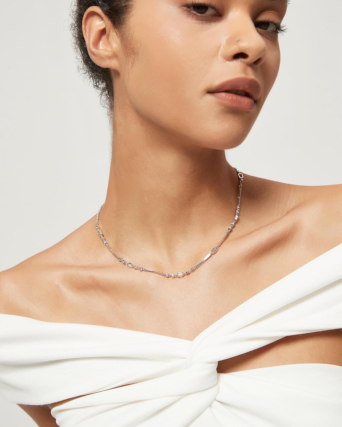 TIGRADE Silver Chain Necklace for Women Dainty Rectangular Round Emerald Bezel CZ Anniversary Wedding Necklace Extenders Link with Lobster Clasp 16 Inch - Image 5