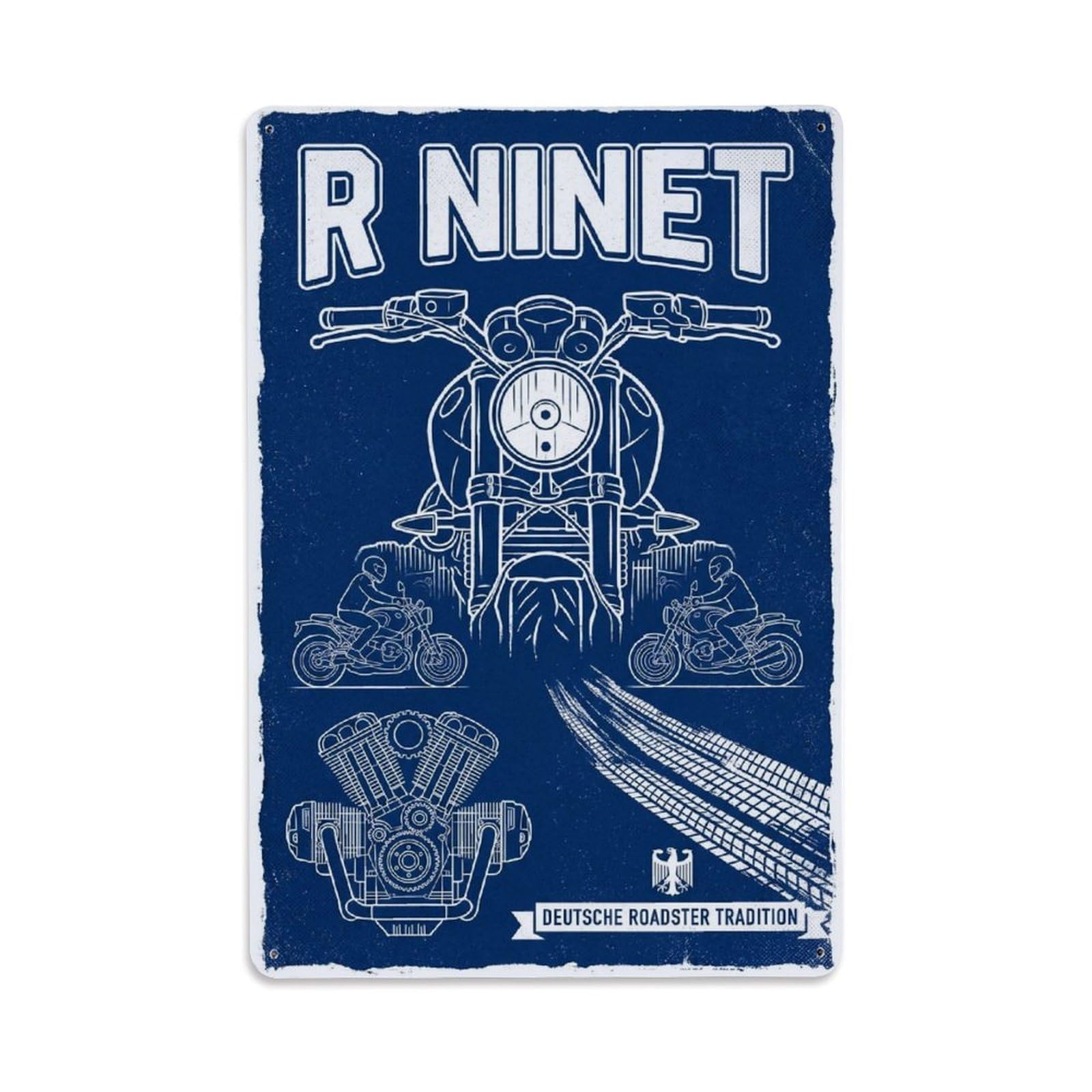 R NineT Classic Roadster Motorcycle Vintage Racing Culture Metal Tin Sign Plaque Wall Decor for Cafe, Man Cave, Club Bar, Office, Home Garden Round Metal Poster 8x12Inch