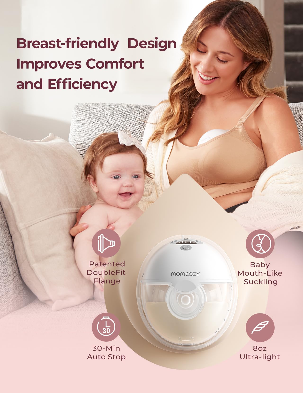 Momcozy M5 Smart APP Controlled Wearable Breast Pump, Hands-Free Wireless Electric Pump, 3 Modes 9 Suction Levels, BPA-Free, Portable Lightweight, 24mm Flange, 2-Pack Quill Gray