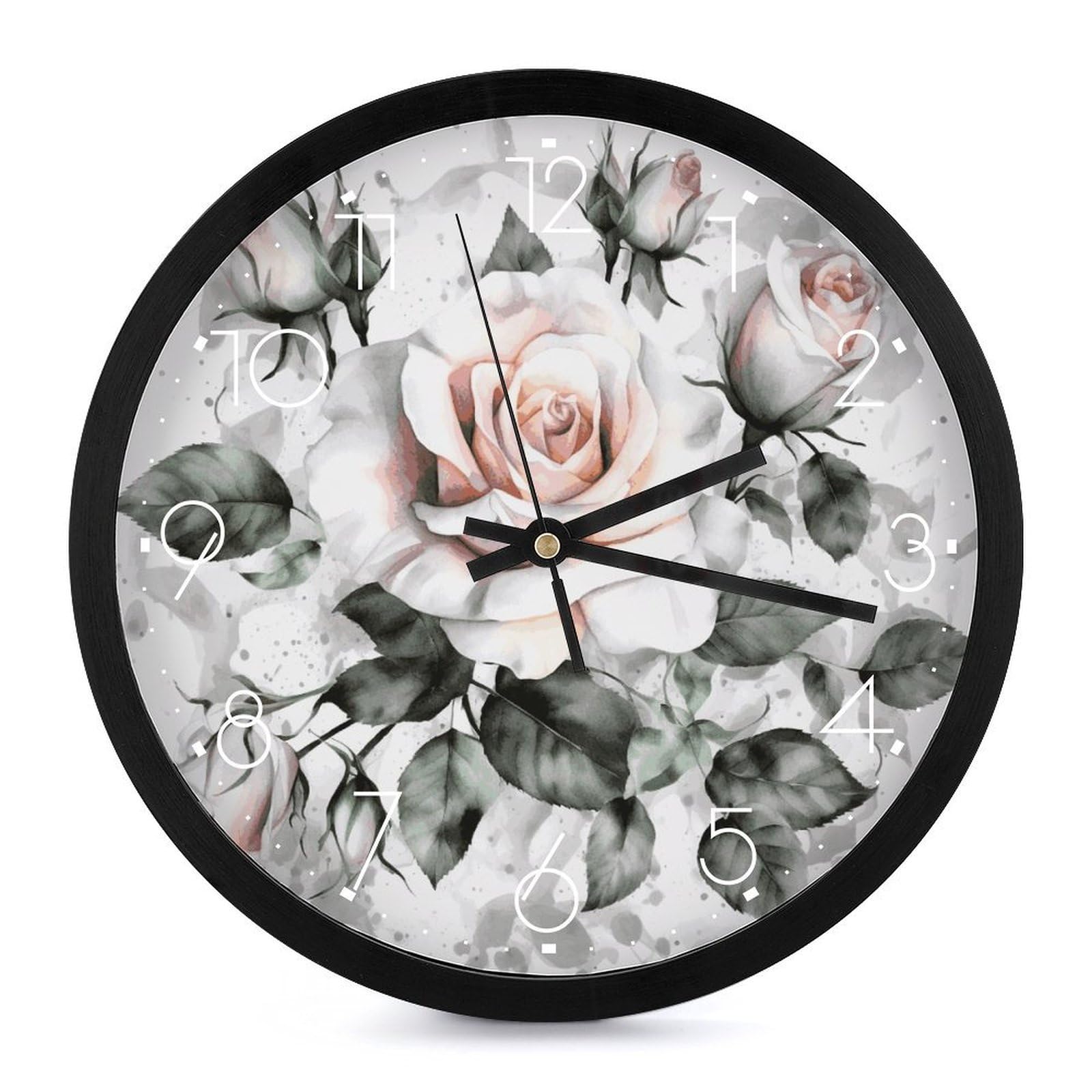 Horloge murale à piles design aquarelle floral rose silencieuse blanche